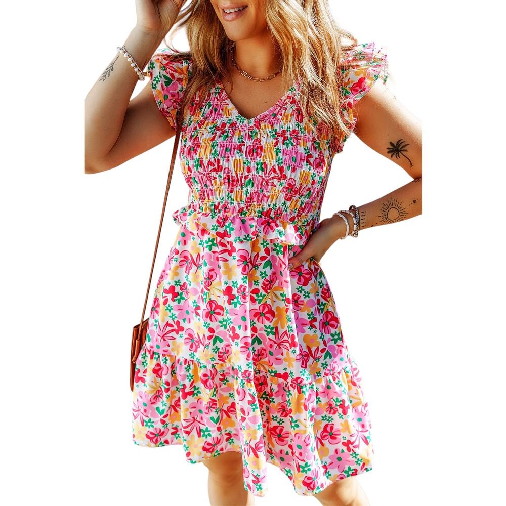 Pink  Multicolor Smocked Bodice Ruffle Trim Floral Dress New